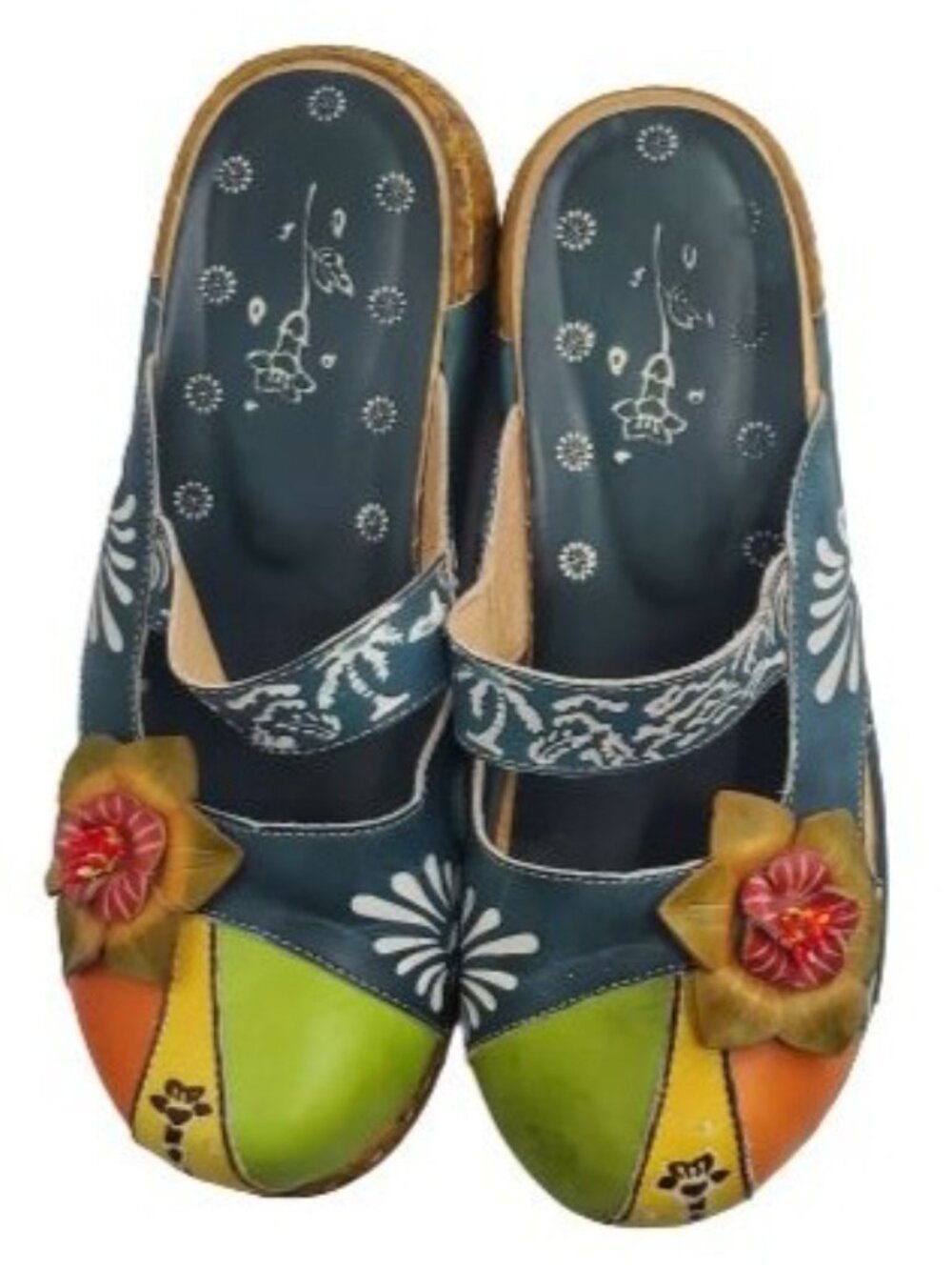 Women's Blue/Multi Flower Slip-On Leather Cut-Out Backless Platform Sandal Sz 41 - Picture 6 of 16